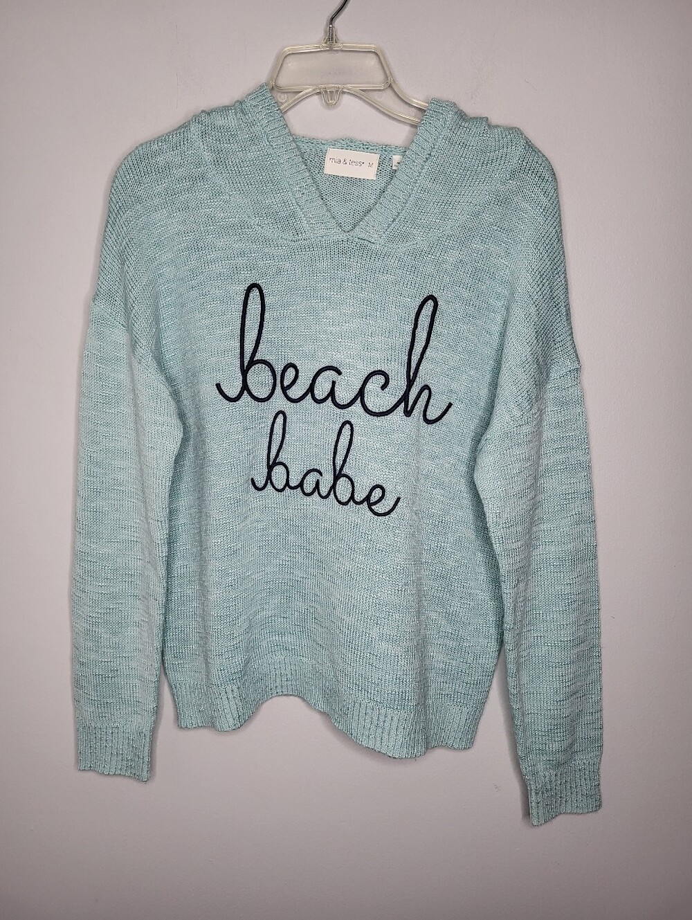 Mia & Tess Hooded Sweater Blue Turquoise Embroidered Beach Babe Size M
